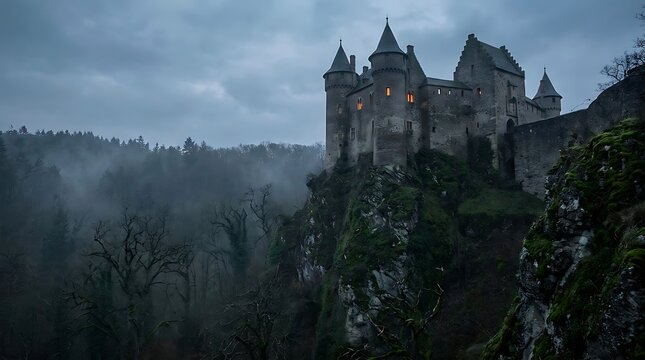 Ancient castle perched on a rocky cliff amidst a misty overcast forest during twilight