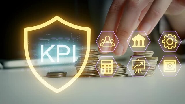 A person is using a calculator while handling a stack of coins. Various business icons appear alongside, indicating a financial analysis theme related to key performance indicators.