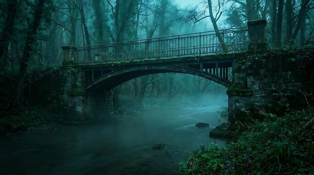 Ancient stone bridge over misty river in dense overgrown forest during twilight