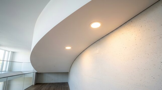 Modern white curved ceiling with recessed lights casting lighting installation warm spotlights light