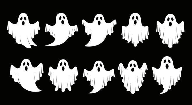 Halloween ghost vector set, spooky white phantom characters on black background, 10 cartoon ghost icons for holiday decor
