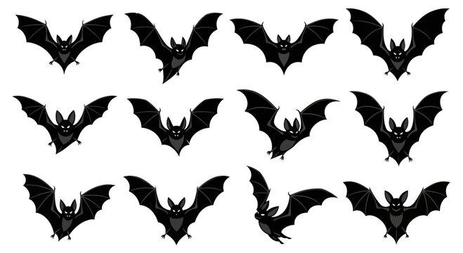 Halloween bat silhouettes set, 12 black flying bat icons, spooky vampire bat vector illustrations for party decor and graphic design