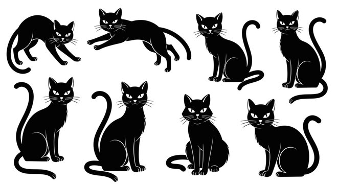 Black cat silhouette vector set, spooky halloween feline icons, 8 mystical cat poses for graphic design and stickers