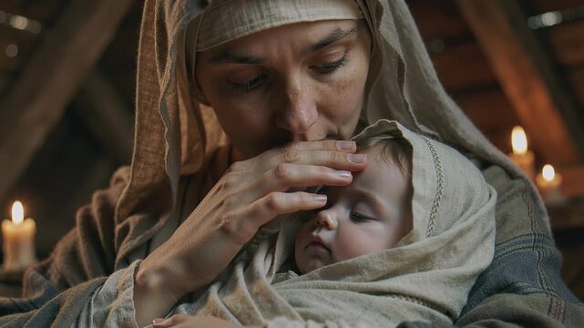 Close up of virgin mary wearing traditional clothing lovingly holding and comforting baby jesus christ inside a stable illuminated by warm glowing candlelight during holy night christmas nativity