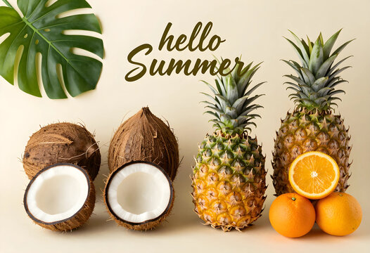 Hello summer tropical fruit arrangement with coconuts pineapples oranges and monstera leaf for vacation and healthy eating