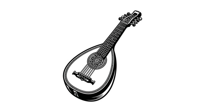Stringed lute instrument engraving on white background.