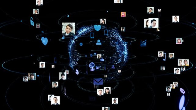 SNSと多国籍の人々。ソーシャルメディア、ネットワーク、DX、グローバル、ビジネス、アプリ、顔写真