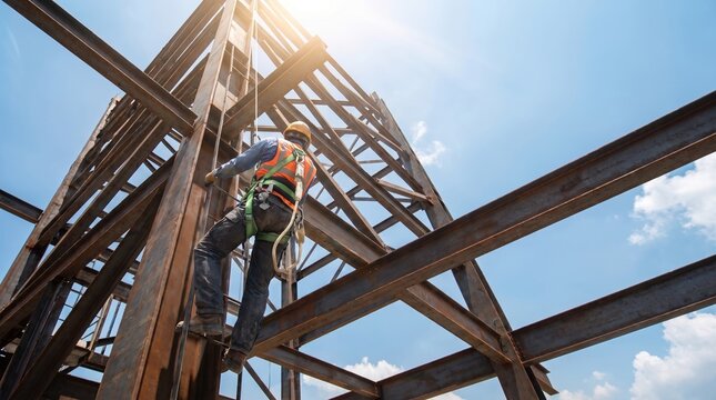 Male construction worker wearing safety harness climbing high steel beam structure on building site under bright blue sky for fall protection labor concept.