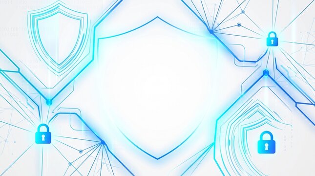 Abstract Clean White Cybersecurity and Data Protection Technology Background Template with Glowing Line Grid and Copy Space