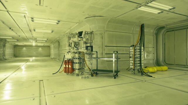 Minimalist service bay with empty trolley and coiled cables, soft yellow lighting, large open floor space, neat panel seams, maintenance ladder tucked to side