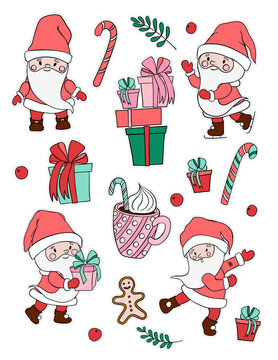 Hand drawn Christmas sticker collection with Santa, presents, candy canes, ornaments and seasonal details on transparent background. Useful for stickers, posters, crafts and social campaigns.