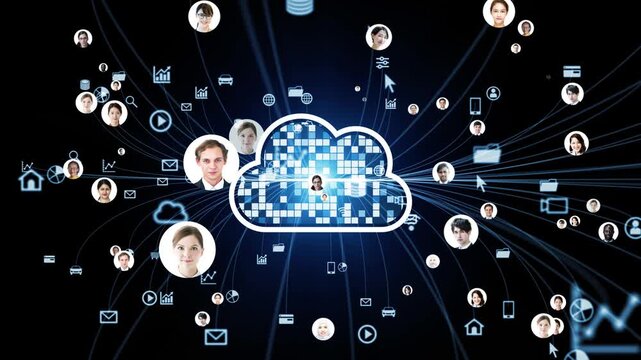 クラウドネットワークと多国籍の人々。システム、DX、SNS、人材、社会、ERP、セキュリティ、データ