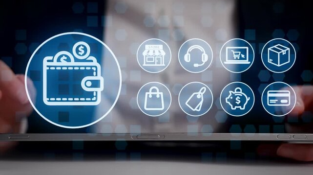 A person is using a tablet to explore digital wallet features and online shopping options. Financial planning is the focus, with various icons visible on the screen.