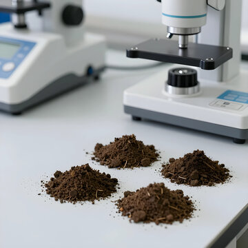 Soil analysis and agricultural research, environmental science and land management, dirt samples with microscopes in a laboratory setting