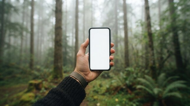 Person's hand holding smartphone in misty forest with A woman mobile phone blank white