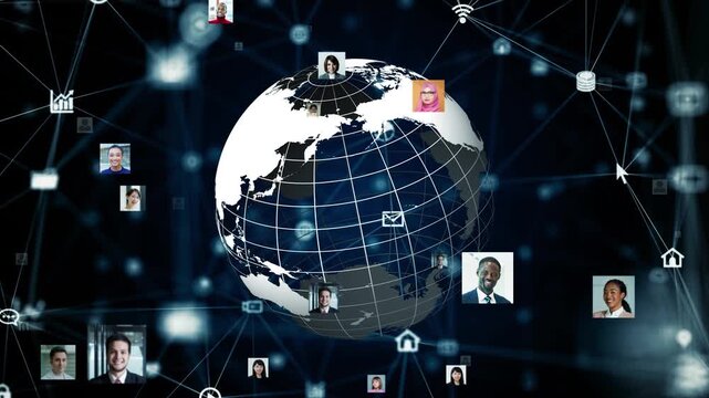地球と多国籍の人々。グローバル、ネットワーク、SNS、DX、オンライン、通信、ビジネス、アプリ、企業