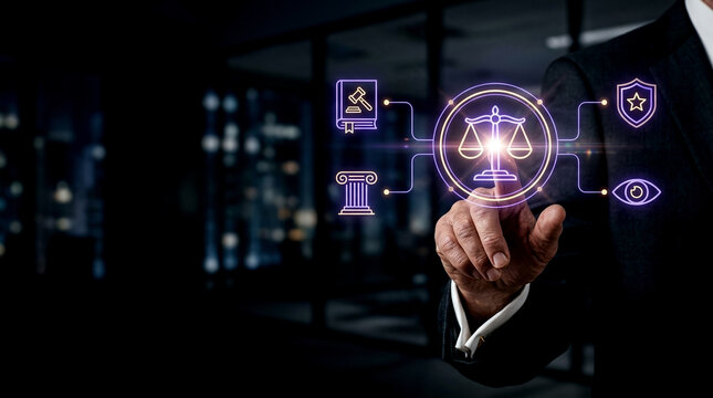 Close-up photo of executive pressing glowing scale icon on digital HUD interface screen to build brand trust and reputation in modern night office