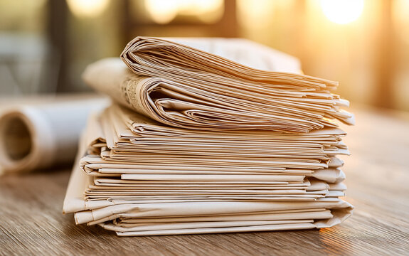 Stack of unfolded newspapers and a rolled up paper on a wooden desk with soft natural light