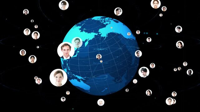 地球と多国籍の人々。グローバル、ネットワーク、ビジネス、SNS、DX、政治、経済、社会、国際、人材