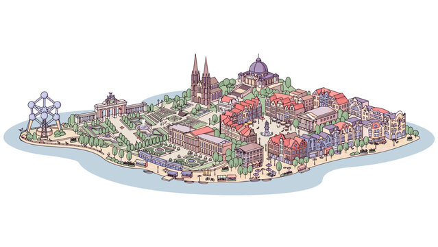 Brussels Belgium Cityscape and Famous Landmarks Isometric Vector Illustration