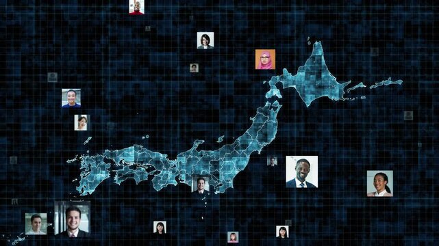 日本地図と多国籍の人々。インバウンド、グローバル、社会、経済、SNS、DX、顔写真、アカウント、人材