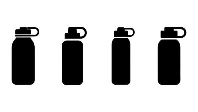 Four black silhouette icons of water bottles with sport cap.