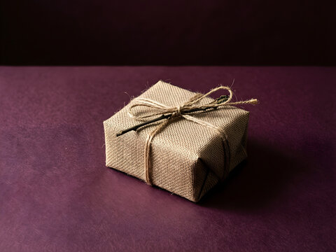 One small box wrapped in natural linen using a single neat knot and dried twig for premium winter gifting, luxury retail and holiday packaging campaign
