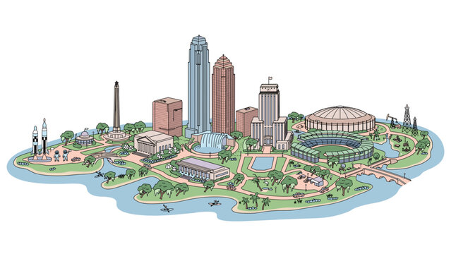 Houston Texas city map with downtown skyline and iconic landmarks vector illustration