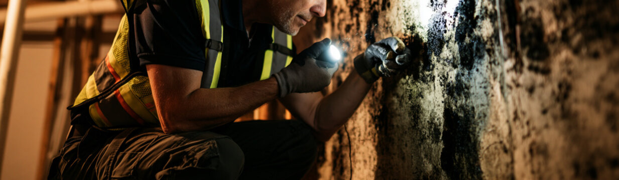 professional home inspector crouching in a dark basement examining a water-damaged concrete wall covered in black mold, 