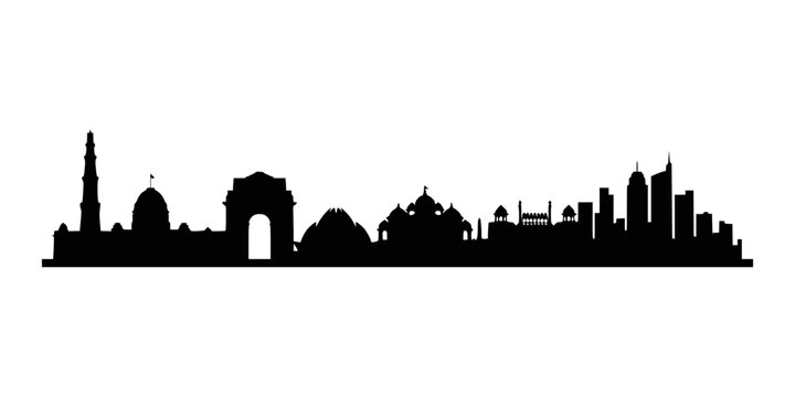 Black silhouette of the delhi city skyline featuring famous historical landmarks