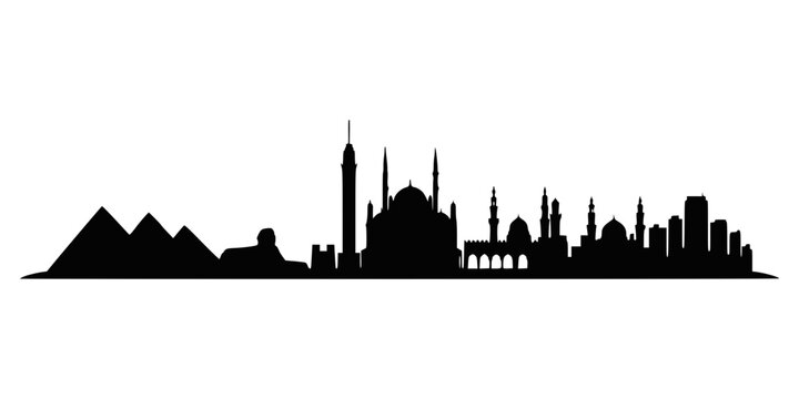 Black silhouette skyline of cairo city with famous egyptian pyramids and mosque