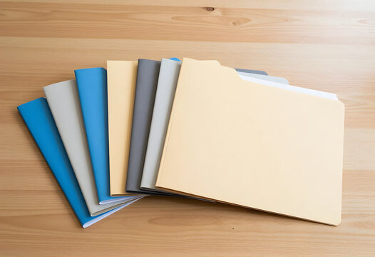 Business organization and document management, stack of colorful file folders and notebooks on a wooden desk