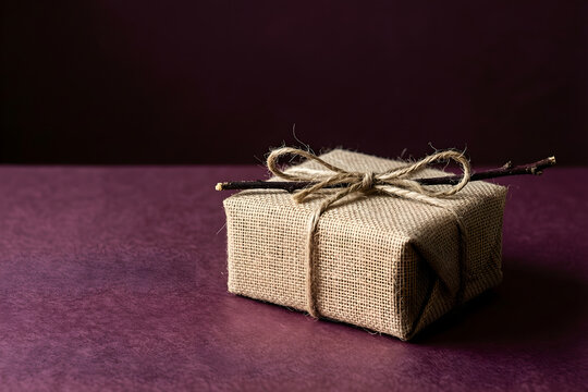 One small box wrapped in natural linen using a single neat knot and dried twig for premium winter gifting, luxury retail and holiday packaging campaign