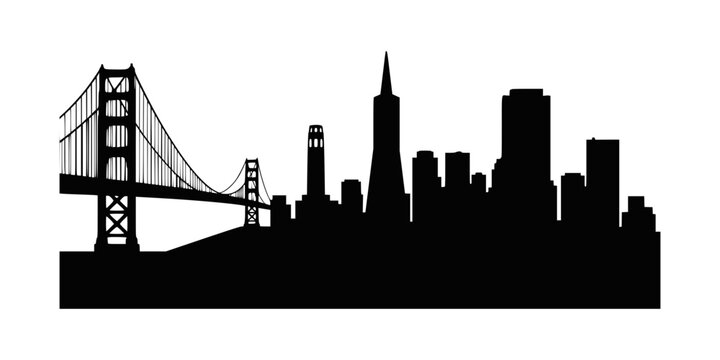 San francisco city skyline silhouette with golden gate bridge on white background