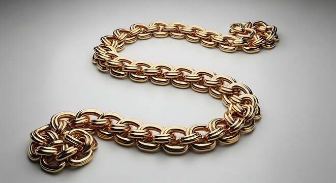 Luxurious gold chain links arranged in a flowing S shape curve on a neutral studio background for wealth and luxury concepts