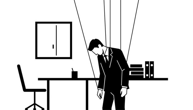 Dramatic silhouette illustration of tired businessman as puppet controlled by strings in modern office room.