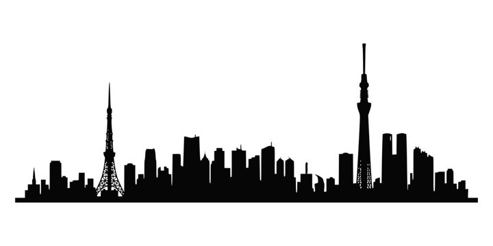 Black silhouette of tokyo city skyline isolated on a simple white background