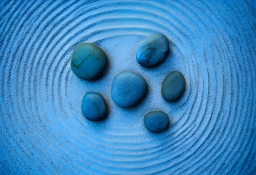 Zen garden with blue sand and stones, meditation and mindfulness concept, spiritual balance and tranquility