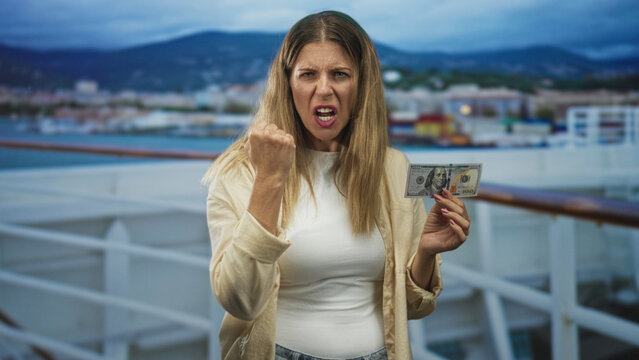 Woman holding us hundred dollar bill with clenched fist on ship deck railing by port building; frustration financial dispute.