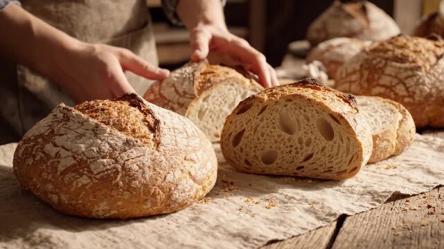 Close-up of a baker's hands arranging warm, crusty sourdough bread on a vintage wooden table. The scene highlights the artisanal baking process and the delicious texture of the bread.
