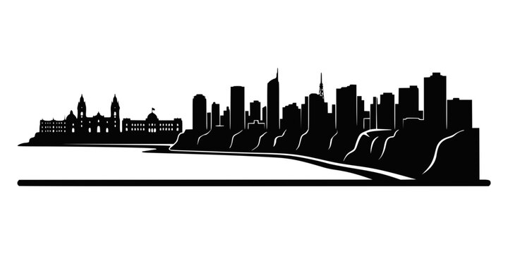 Black silhouette of a coastal city skyline isolated on a white background