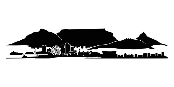 Black silhouette of cape town city skyline with table mountain on white background