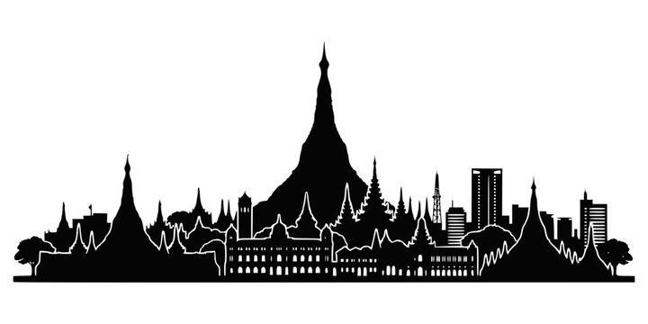 Bangkok city skyline silhouette with traditional thai temples and architecture