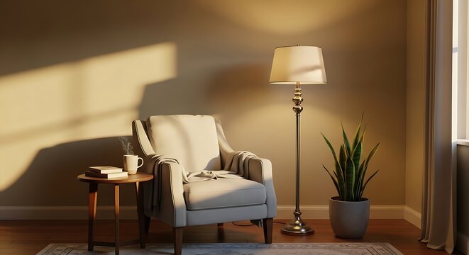 Cozy Living Room Interior with Comfortable Armchair, Floor Lamp, and Warm Sunlight Streaming Through Window