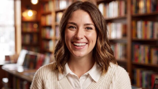 Close-up of a cheerful young woman with a genuine smile and infectious laugh in a charming bookstore.