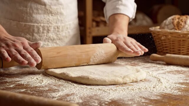Close-up of a baker's hands rolling fresh dough on a floured wooden table. Traditional bread making process.