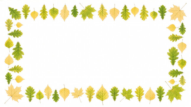 Minimalist early autumn green and yellow leaf border frame isolated on white.