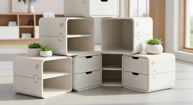 Modern modular storage units in living space