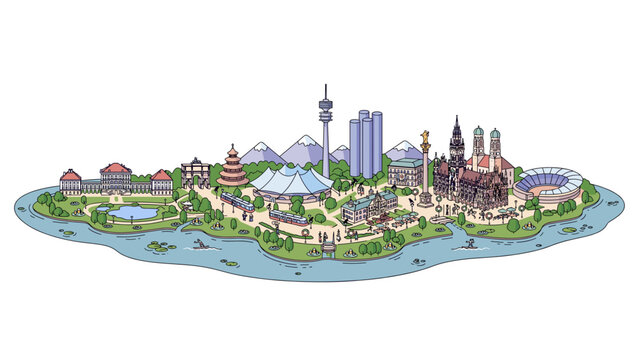 Munich Germany skyline landmarks cartoon map vector illustration