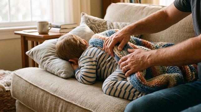 Parent tucking child into bed on sofa at home for nap time or cozy rest